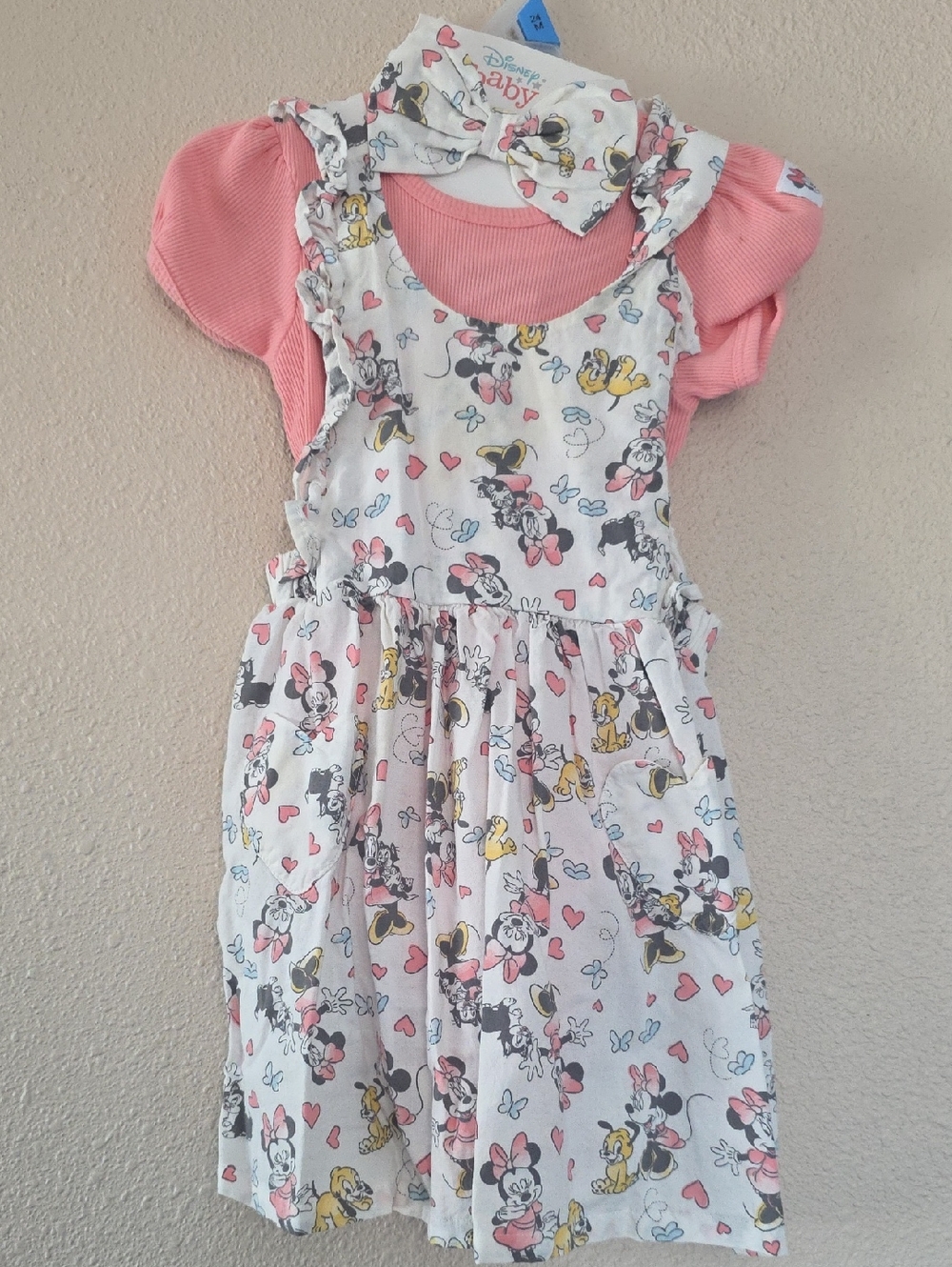 Disney White Minnie & Pluto Print Dress with Pink Top and Headband NWOT